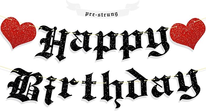 Pre-Strung Goth Birthday Decorations, No DIY Gothic Happy Banner Glitter Funeral Party Supplies