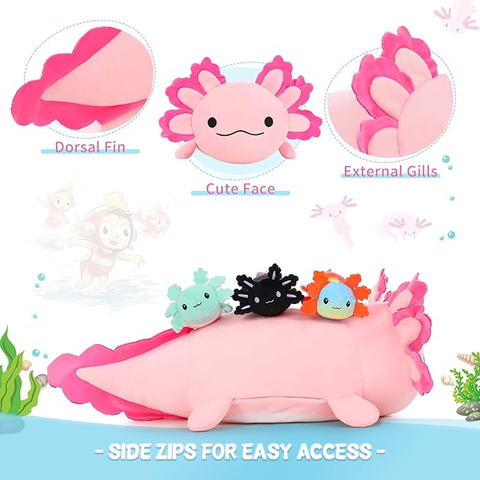4Pcs Axolotl Plush Set - 24 Inch Large Pink Mommy with 3 Babies, Soft Pillow Stuffed Animals for Decor or Gift, Safe for Girls & Boys