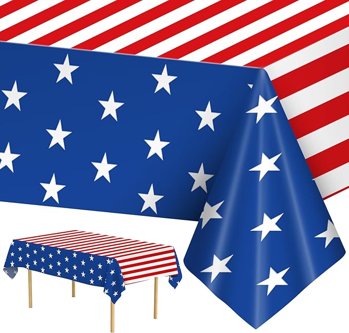 2 Pack 4th of July Tablecloth - Patriotic American Flag Table Cloth, Plastic Disposable Rectangle USA Star Stripe Table Cover for Memorial day, Fourth of July Independence Day Decorations, 54" x 108"