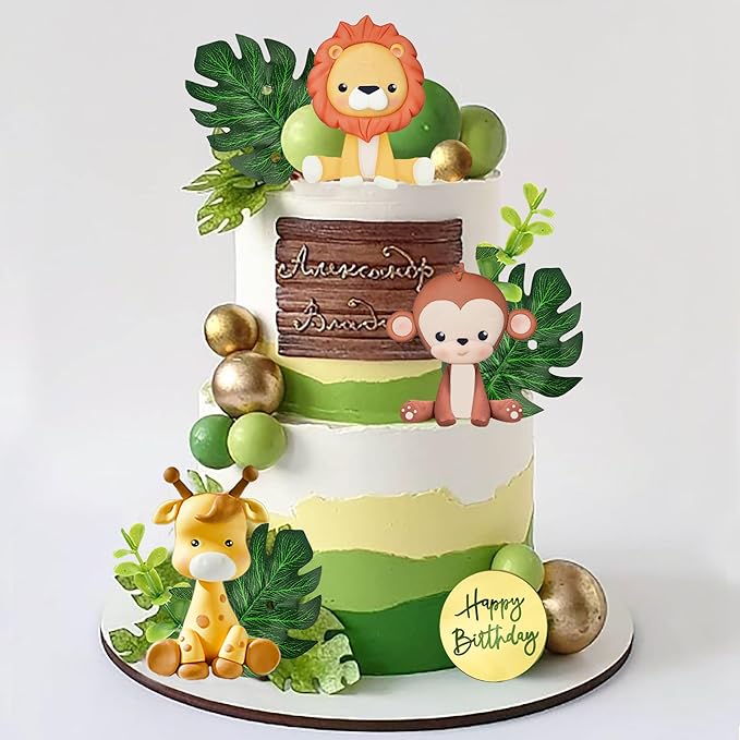 Jungle Safari Animal Cake Topper with Colourful Balls Plam Leaves Cake Decoration for Wild Theme Birthday Supplies (STYLE 3)