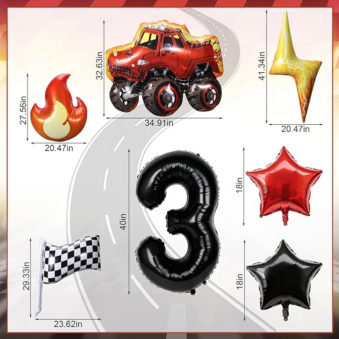 Truck Number 3 Balloons, Huge Truck Flags Lightning Flame Stars Aluminum Foil Balloons for 3rd Birthday, Race Car Theme Party Decorations Supplies