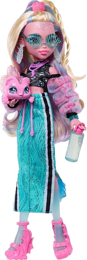 Monster High Doll, Lagoona Blue in Crop Top and Sporty Maxi Skirt with Pet Fish Neptuna and 7 Accessories Like Shell Sunglasses, Snack and Purse