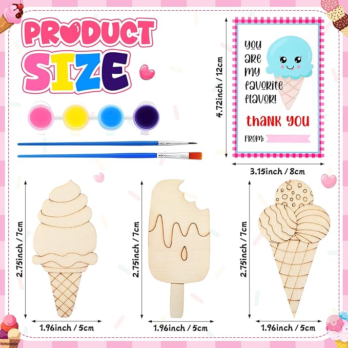 Leinuosen 28 Sets Ice Cream Party Favors Wood Painting Craft DIY Kits with Art Supplies and Inspirational Cards for Summer Birthday Party Valentines Day Prizes Exchange