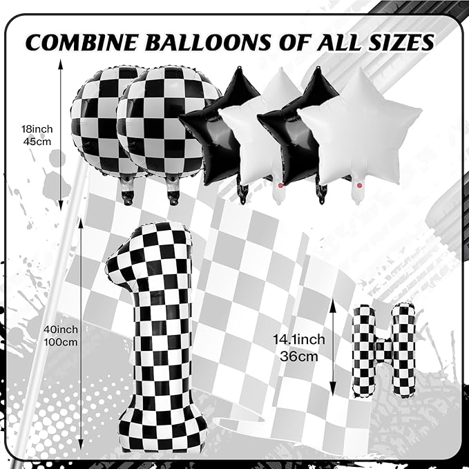 Racing Cars Themed Happy Birthday Banner Party Decorations Set Including 40 Inch Number 1 Foil Balloons, Themed Party Essentials, Checkered Backdrop Supplies for Boys Indoor Outdoor Celebration