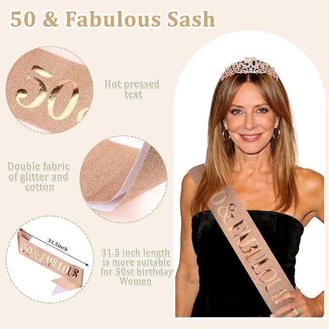 Semato 50th Birthday Decorations for Women Sash and Crown Tiara Kit Rose Gold 50th Birthday Gifts Her Party Supplies