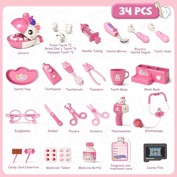 Dentist Play Set Toys for Girls, Doctor Kit for Toddlers 3-5, Unicorns Pretend Play Girl Toys 3 4 5 6 7 8 Years Old, Kids Doctor Playset with Light & Sound, Birthday Gifts for 3 4 5 6 7 8 Year Old