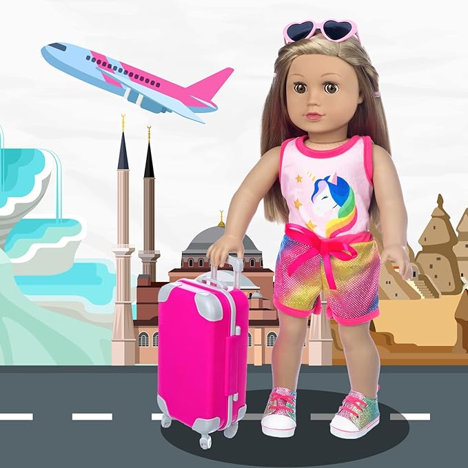 23 Pcs American 18 inch Doll Clothes and Accessories - Suitcase Luggage , Pillow, Sunglasses, Camera, Passport, Mobile Phone , Computer Doll Travel Gear Play Set (No Dolls)