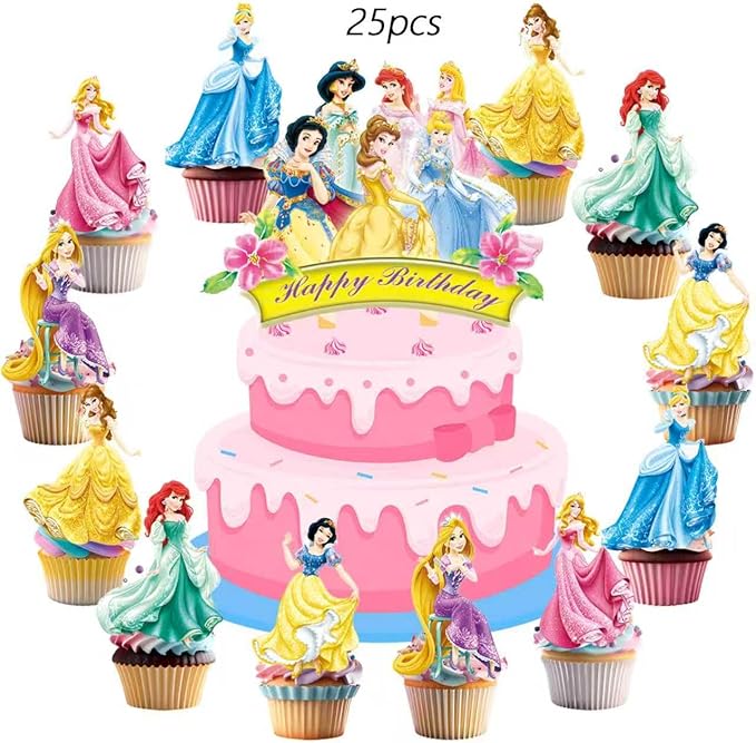 62PCS Disne Princess Party Supplies, Birthday Decorations Set Include Banner, Balloons, Backdrop, Cupcake Toppers, Tablecloth, Hanging Swirls for Kids Princess Theme Birthday Party