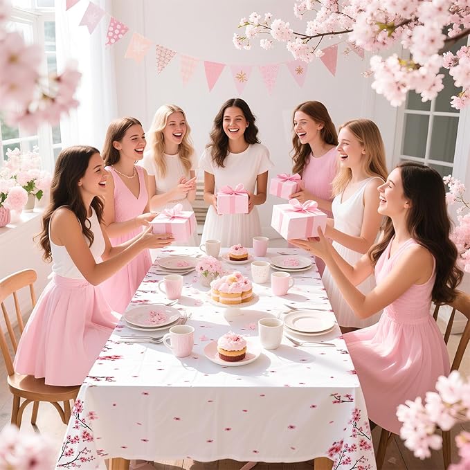 3Pcs Cherry Blossom Tablecloth Pink Floral Plastic Table Cover Waterproof Japanese Sakura Disposable Table Cloth for Baby Shower Woman Birthday Bridal Shower Wedding Party Decorations, 54 x 108 Inch