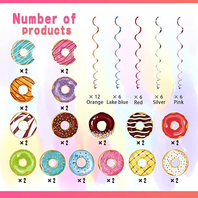 Sweet Donut Hanging Swirl Party Decorations 30 Pack Foil Ceiling Hanging Streams Party Supplies Banner Decor for Kids Donut Candy Birthday Celebrating Party Events Baby Shower Room Wall Decor