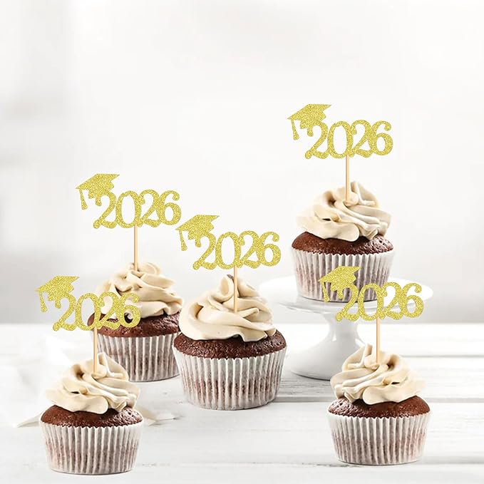 24 Pcs Graduation Cupcake Toppers 2026, Food/Appetizer Picks For Graduation Party Mini Cake Decorations, 2026 Cupcake Toppers(Gold)