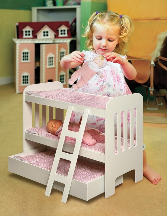 Badger Basket Doll Bunk Bed with Bedding, Ladder, and Free Personalized Kit - Fits Dolls Up to 22 Inches - Ideal for Girl Dolls and Baby Dolls for Pretend Play - White/Pink