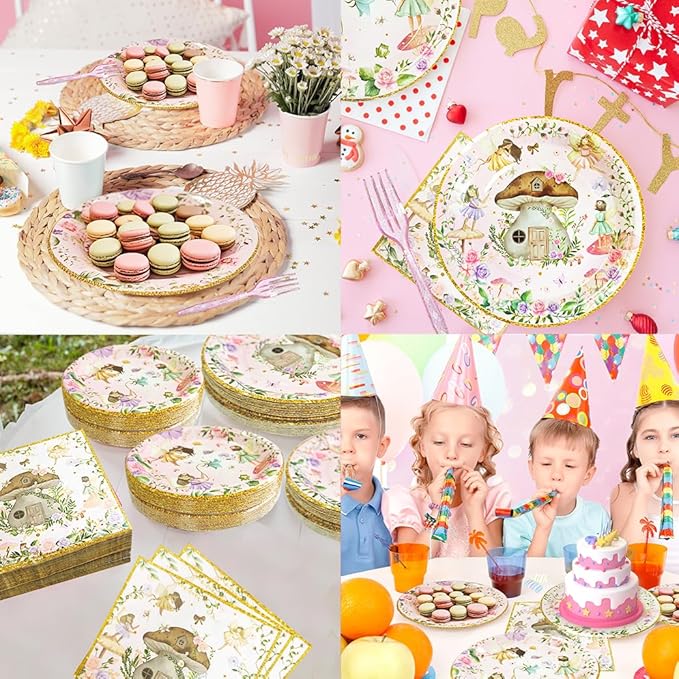 192 Pcs Fairy Party Tableware Set (Serves 48 Guests), Plates, Napkins, Forks, Enchanted Garden Theme for 1st Birthday, Baby Shower, Girls Fairy Party Decorations