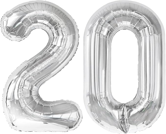 40 Inch Silver Number 20 Digital Balloon,Jumbo Mylar Foil Helium Balloon for 20 Balloons for Birthday Party,Wedding Anniversary Party Decorations