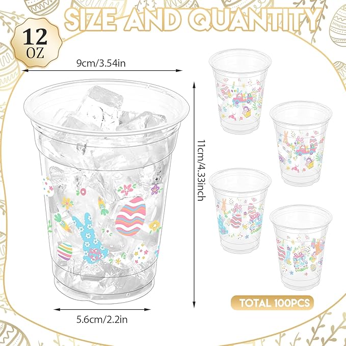 100 Pcs Easter Rabbit Plastic Drinking Cups, 12 oz Clear Disposable Party Cups for Easter, Spring, Birthday Parties