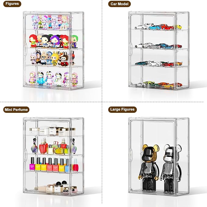 Clear 4 Tiers Acrylic Display Case for Figures Collectibles Wall Mounted Hobby Figurine Display Case with Shelves, Display Shelf Storage Box for Labubu Pop Mart, Action Figures, XXL, 1 Pack