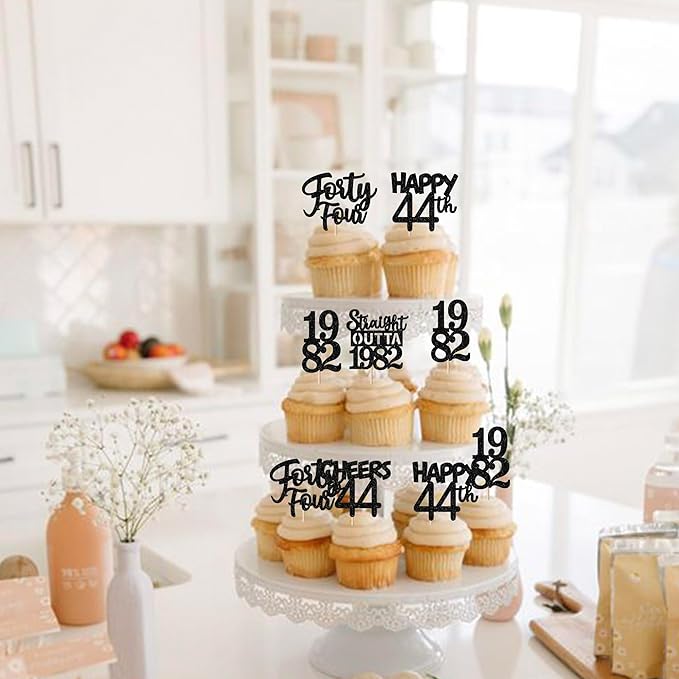 30PCS Black 44th Birthday Cupcake Toppers Glitter Forty Four Happy 44th Straight Outta 1982 Cupcake Picks for Cheers to 44 Years Birthday Wedding Anniversary Party Cake Decorations Supplies