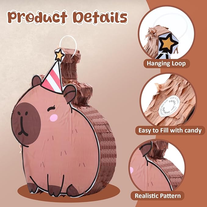 Christmas Capybara Piñata for Kids Birthday Party 15.7 x 10 x 2.8 Inches Xmas Candy Cane Cap Animal Piñata with Bat Blindfold and Confetti for Holiday Photo Props Decoration
