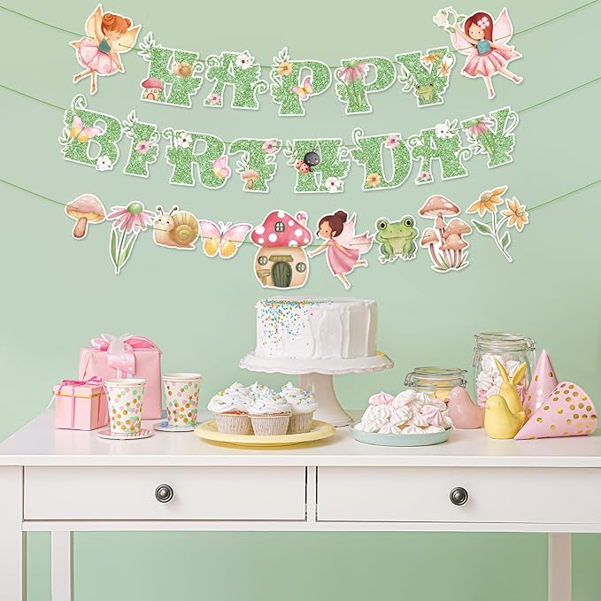 3 Pcs Fairy Birthday Party Decorations Green Glitter Happy Birthday Banner Colorful Hanging Decor Funny Banner Cutout Garland for Themed Decorations Bridal Shower Garden Party Supplies