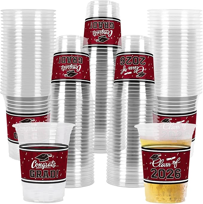 Gatherfun Class of 2026 Celebration - 100 Pcs 16oz Maroon Graduation Plastic Cups for Sturdy & Durable Drinkware for Grad Festivities | Essential Graduation Party Supplies & Decorations