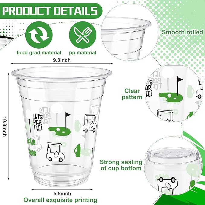 Qinyoung 50 Pcs Golf Party Supplies Bulk Clear Plastic Cups 12oz Disposable Let's Par-tee for Home Sports Golf Ball Themed Birthday Bachelor Party Supplies Favors (Black,White,Green)