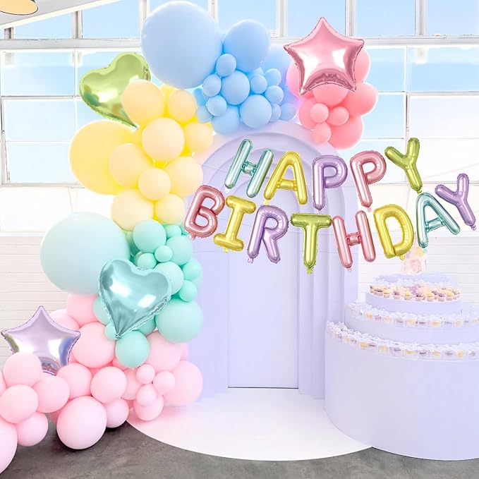 29PC Pastel Happy Birthday Balloon Banner, 16Inch 3D Aluminum Letter Banner Sign, Multicolor Pastel Balloons 18 Inch Star Heart Star Foil Balloon for Women, Men Party Supply