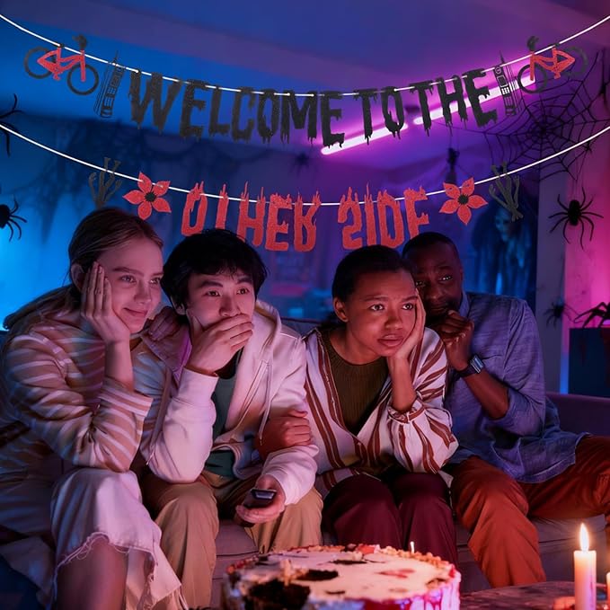Glitter Welcome to the Other Side Banner for Birthday Party Decorations Upside Down Banner Stranger Party Decorations for Boys Girls Spooky Theme Party Supplies Birthday Backdrop Wall Decors Photo Props