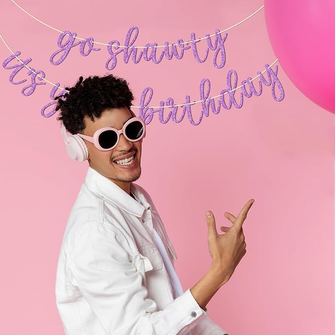Go Shawty It's Your Birthday Banner, Hip Hop Birthday Party Decorations Supplies, Rap Theme Bday Bunting Sign, Pre-strung, Photo Props (Purple)