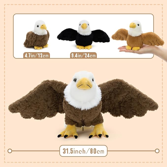 4Pcs Bald Eagle Stuffed Animal with Bendable Wings, 31.5 Inch Mommy Eagle Plush with 3 Chicks, Eagle Plushie Toy Gifts for Boys and Kids