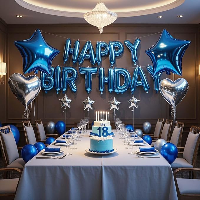 27 Pcs Blue Silver Birthday Decorations, 3D Letters Blue Happy Birthday Balloon Banner, Pentagram Heart Foil Balloons Confetti Balloons Kit For Boys Girls Party Supplies