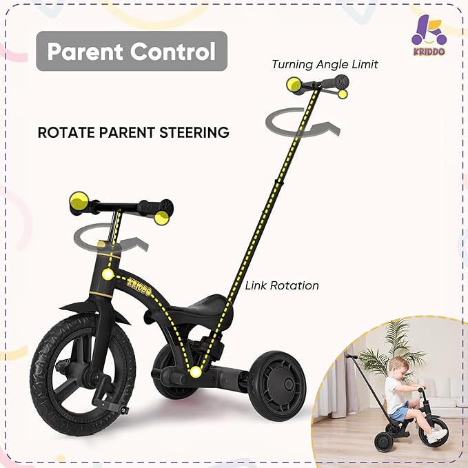 KRIDDO 4-in-1 Kids Tricycle for 1.5 to 3 Yea Old with Parent Steering Push Handle, 12 Inch Front Wheel Trike, Toddler Balance Bike for Boys Girls 18 Month to 3 Years, Adjustable Height, Black