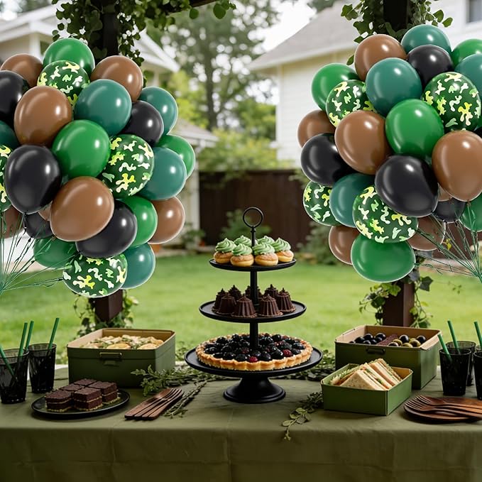 60pcs 12inch Camo Balloons, Green and Brown balloons with Dark Green Black Balloons for Hunting Camping Game Jungle Theme Camo Birthday Party Decorations