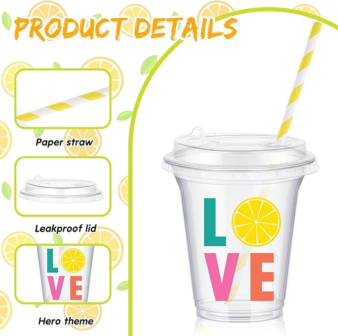 Boao 36 Sets Lemon Plastic Cups with Lids and Paper Straws 14 oz Yellow Lemon Birthday Party Supplies Beverage Drinking Cups Bulk for Summer Citrus Fruit Party Birthday Baby Shower