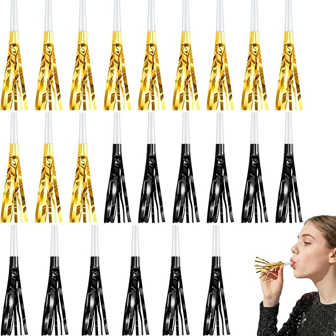 Sumind 24 Pcs Black and Gold Noise Makers Glitter Noise Makers Metallic Fringed Party Blowers for Adults Birthday Graduation Sporting Events 2026 New Years Party Favor Supplies