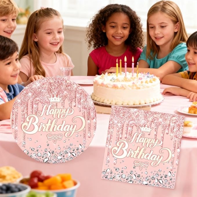 Pink Rose Goldr Birthday Party Supplies, Include 20 Plates and 20 Napkins, Pink Rose Goldr Theme Birthday Party Decorations for Kid Girls Women Glitter Diamond
