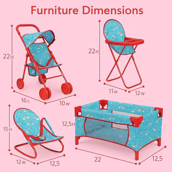 Fash n kolor® 4 Piece Doll Play Set, Doll Accessories Gift, Toy Set -Unicorn Design Includes, Doll Foldable Bed, Doll Stroller, Doll High Chair and Doll Seat, Dolls Gift Set (4 Piece Set)