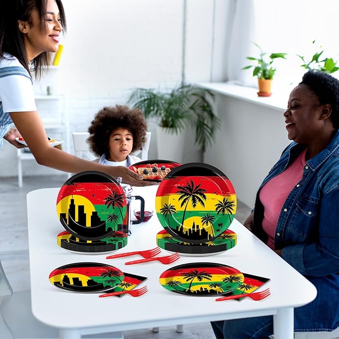 gisgfim 96Pcs Jamaican Rastafari Party Supplies Jamaican Music Birthday Party Plates and Napkin Palm Tree Grafitti Tableware Dinnerware Set Decorations Favors for Hawaiian Serves 24
