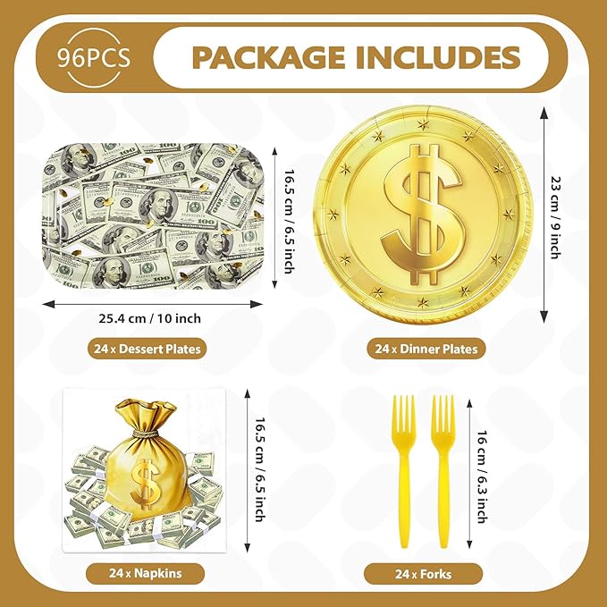 96 Pcs Money Party Decorations Hundred Dollar Bills Paper Plates and Napkins One Hundred Dollar Money Theme Tableware Sets for Birthday Casino Wedding Bachelorette Anniversary Party Supplies Serves 24