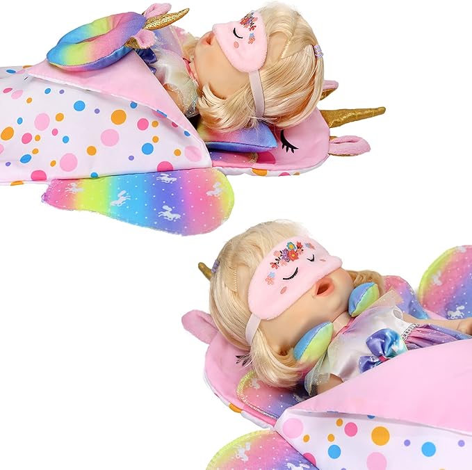 ONEST 5 Pieces 14 to 14.5 Inch Doll Clothes Doll Sleeping Bag for Dolls Include Unicorn Clothes Sleeping Bag, Pillow, Eye Mask, U Shaped Pillow