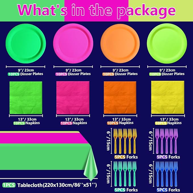 Glow Party Supplies Plates Set for 20 Guests, Including Multi-color Tablecloth, Forks, Napkins and Plates for Glow Birthday Decorations Neon Party Decorations