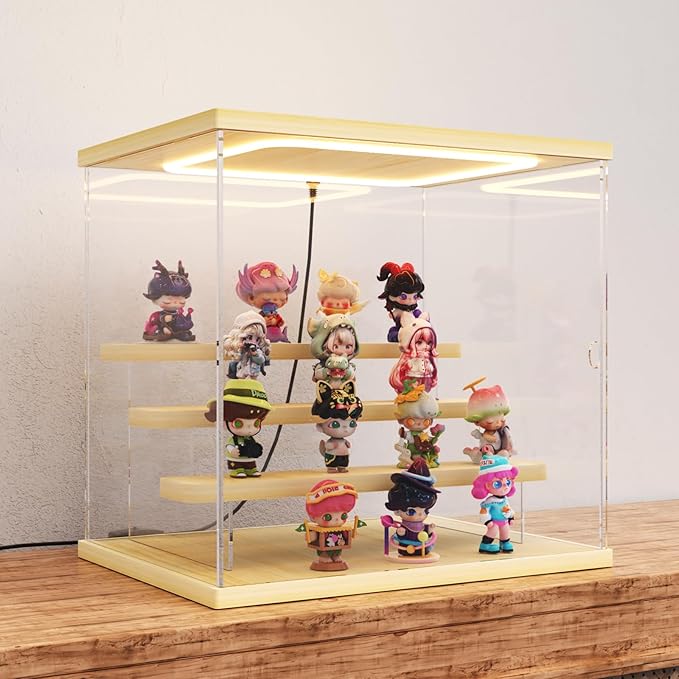Nynelly Acrylic Lighted Display Case for Collectibles, 4 Tier Figure Display Box with Door and Steps, Assemble Dustproof LED Showcase Storage Box for Mini Figures, Funko Pop, Toys, Wood Color