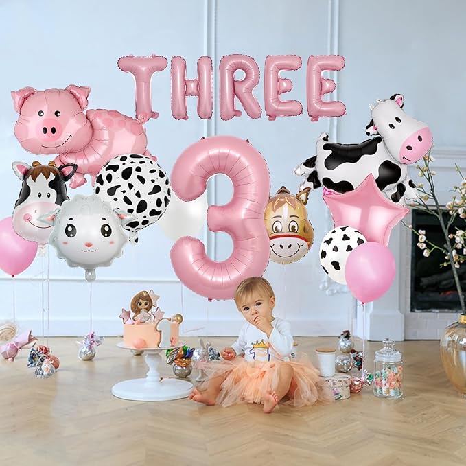 21 PCS Farm Animal Theme Party Balloons, Farm Cow Print Sheep Pig Donkey Mylar Foil Balloons Baby Shower Boy Girl 3rd Birthday Party Decor Supplies (3rd)