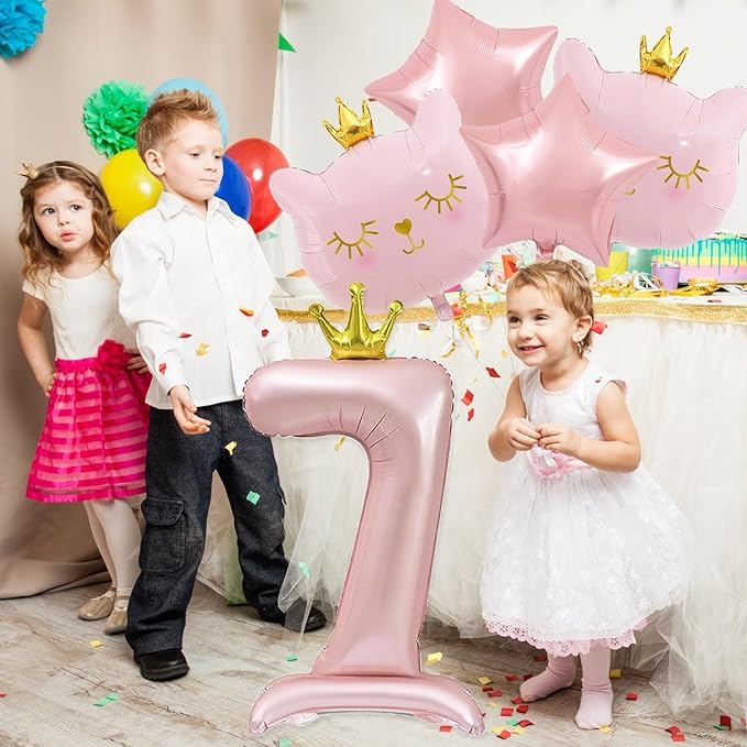 Pink Cat Balloon Set, Crown Cat Foil Balloon, 7 Year Old Girl Birthday Party Decoration,Theme Party Supplies for Girls Kitten Pet Cat (7)