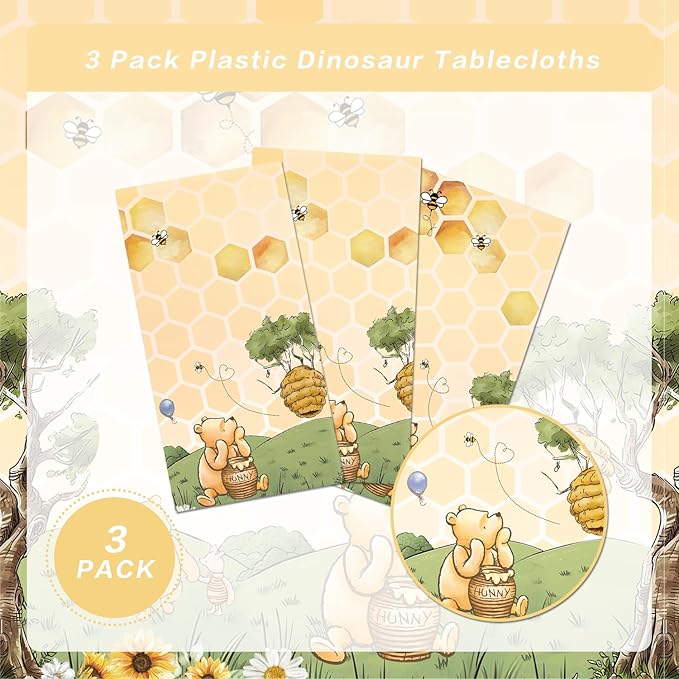 3pcs Party Tablecloth Bear Baby Shower Tablecloths Classic Bear Disposable Thickened Plastic Table Cover for Kids 1st 2rd Baby Party Supplies 54x108Inches (Yellow)