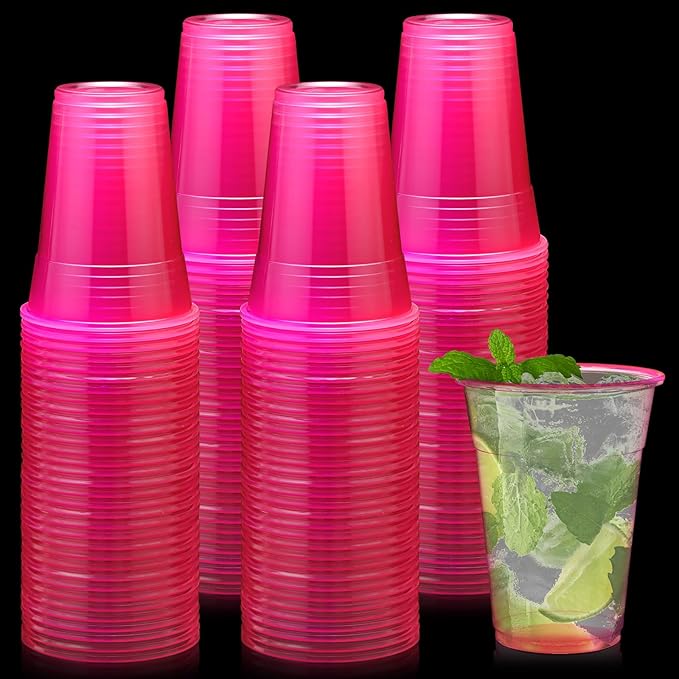 LemonRoad 50 Pack Blacklight Party Glow Cups 16 oz Plastic Neon Cups Disposable Glow in the Dark for Parties Birthdays 80s Themed Events(Pink)