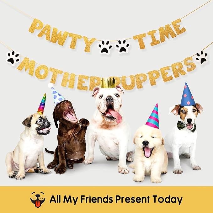 Pre-Strung Let's Pawty Dog Birthday Party Supplies - Pawty Time Mother Puppers - Funny Gold Glitter Puppy Dog Birthday Banner For Party Decorations Girl Boy - Cute Puppy Pets Paw Pennant Sign Deco