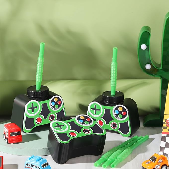 Mifoci 24 Pcs Plastic Video Game Party Cups with Straw and Lid 10oz Gamer Birthday Themed Drink Cups 7th Video Game Party Favors for Kids Toddlers Gamer Birthday Supplies (Green)