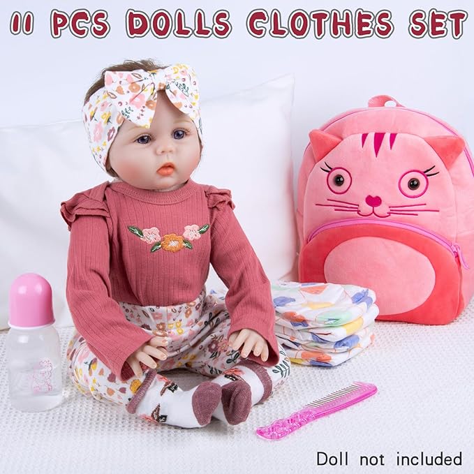 11Pcs Reborn Baby Doll Clothes 17-22 Inch Girl Floral Reborn Doll Clothes with Backpack Newborn Baby Outfits Diapers Bag & Fedding Bottle, Pretend Play Doll Accessories Set