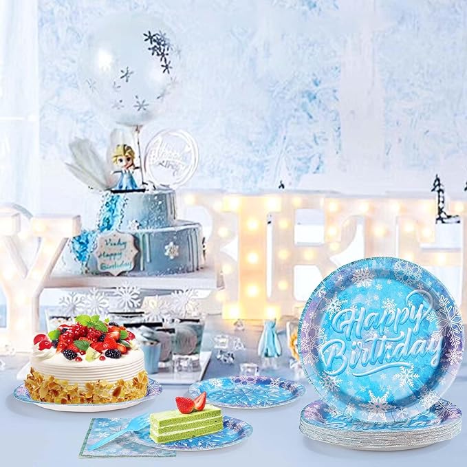 Grencian 96 Pcs Frozen Party Supplies Disposable Winter Snowflake Frozen Plates and Napkins Fork Tableware Set Frozen Birthday Party Decorations for Christmas Winter Onderland Decorations Serves 24