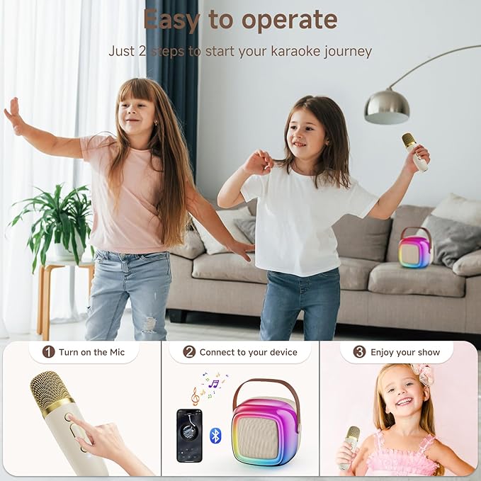 JYX Mini Karaoke Machine for Kids Adults, Portable Bluetooth Speaker with 2 Microphones, Support TF/AUX Input/4 Funny Magic Voice (Rainbow-1 Mic)